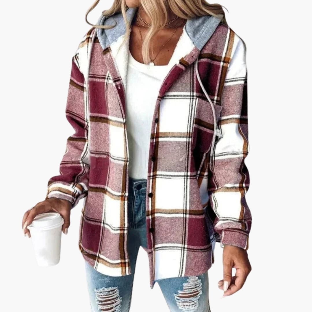 Women's checkered hooded overshirt with drawstring hood, button closure, and buttoned cuffs for layering