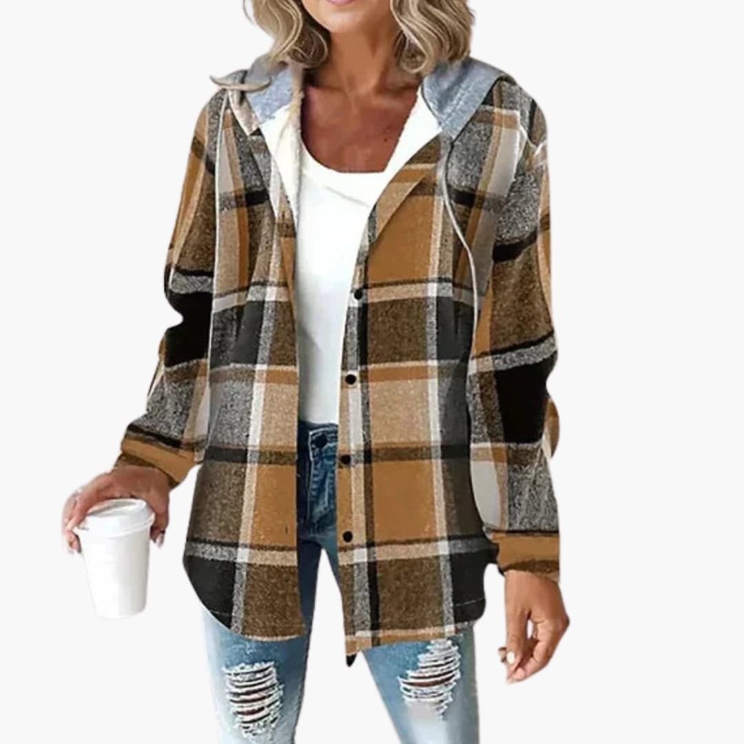 Women's checkered hooded overshirt with drawstring hood, button closure, and buttoned cuffs for layering