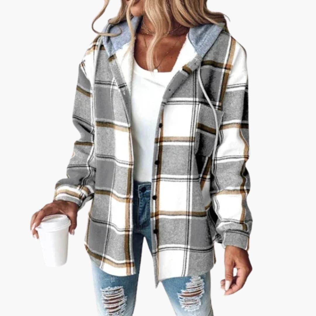 Women's checkered hooded overshirt long sleeve button closure drawstring hood buttoned cuffs