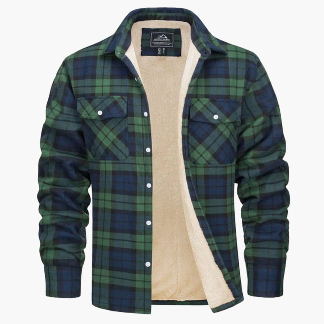 Men's plaid overshirt jacket with fleece lining, snap chest pockets, relaxed fit for urban outdoor style