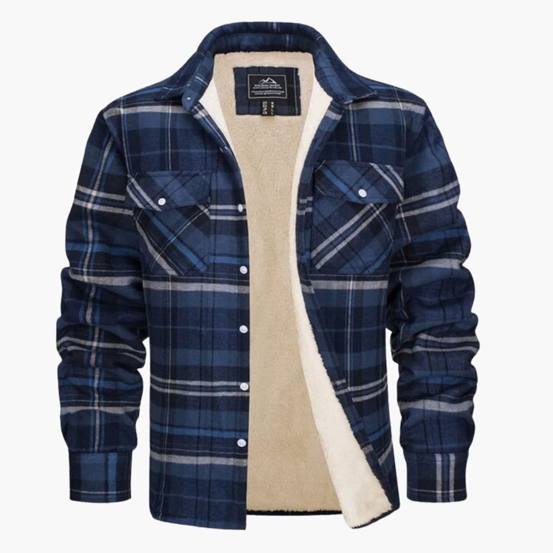 Men's plaid overshirt jacket with fleece lining, snap chest pockets, relaxed fit for urban style
