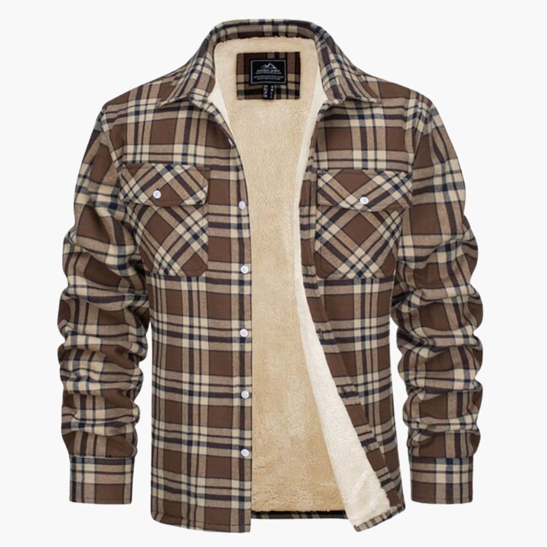 Men's plaid overshirt jacket with fleece lining, snap chest pockets, relaxed fit for urban style