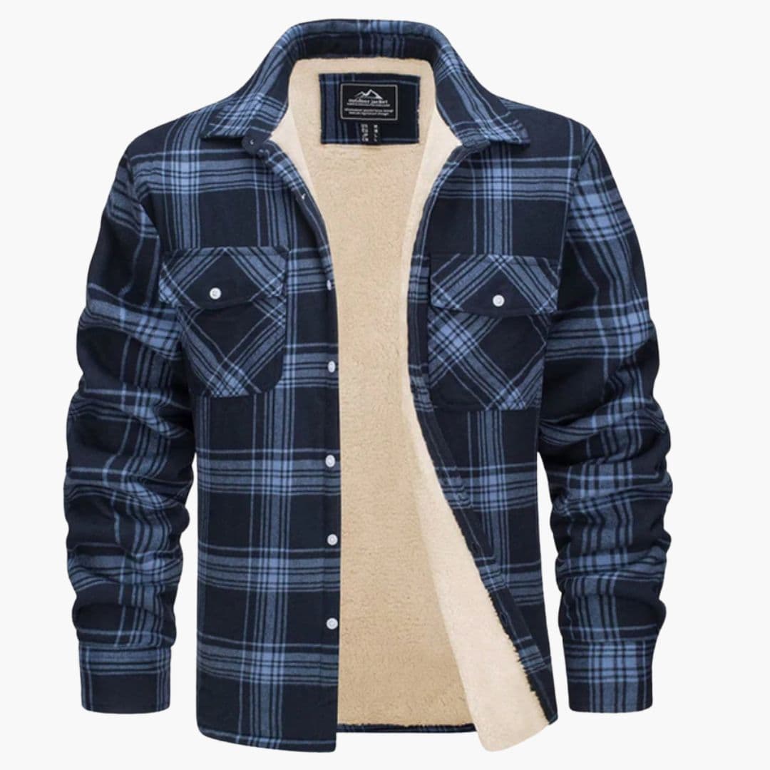 Men's plaid overshirt jacket fleece-lined snap chest pockets relaxed fit casual layering piece