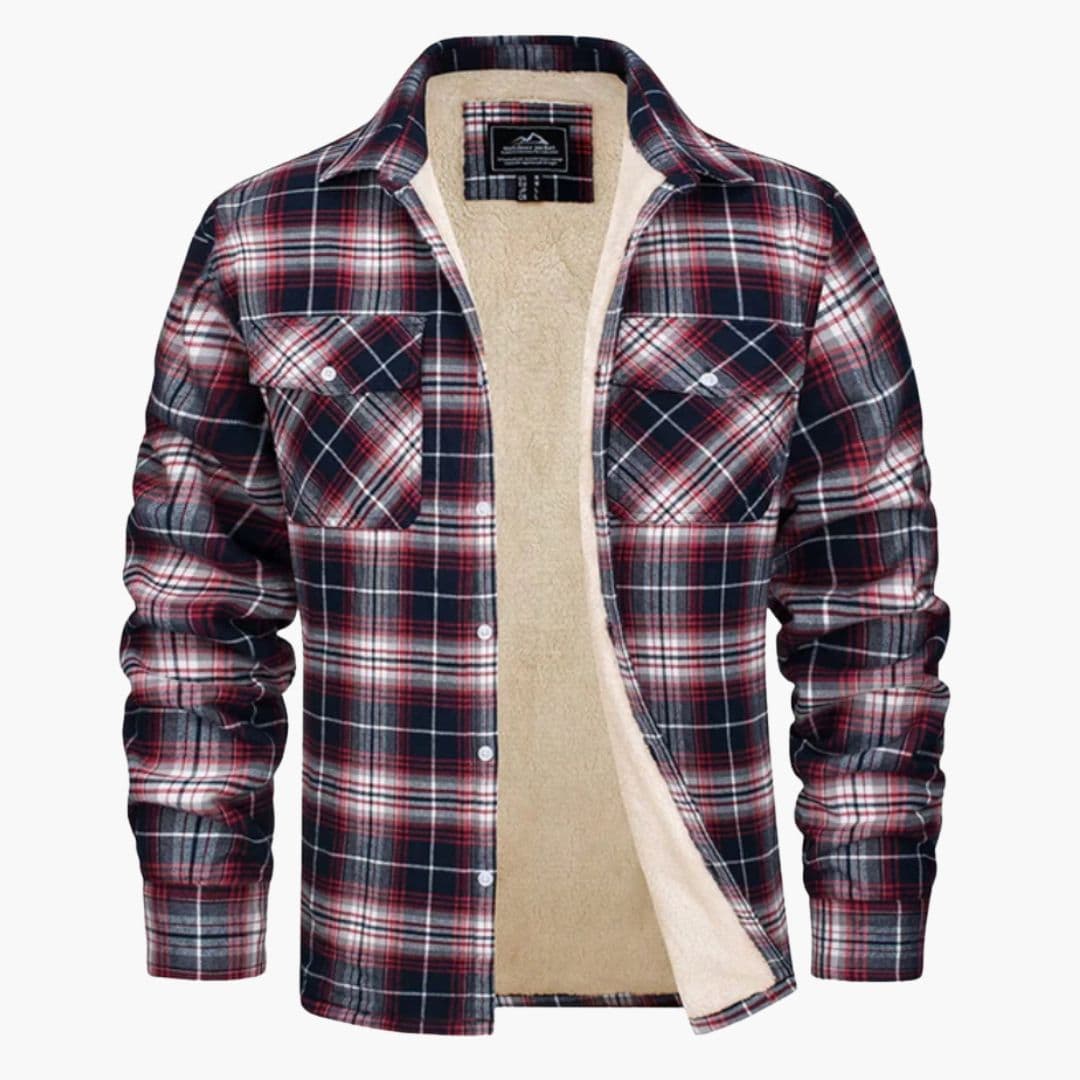 Men's plaid overshirt jacket fleece-lined snap chest pockets casual urban layering piece