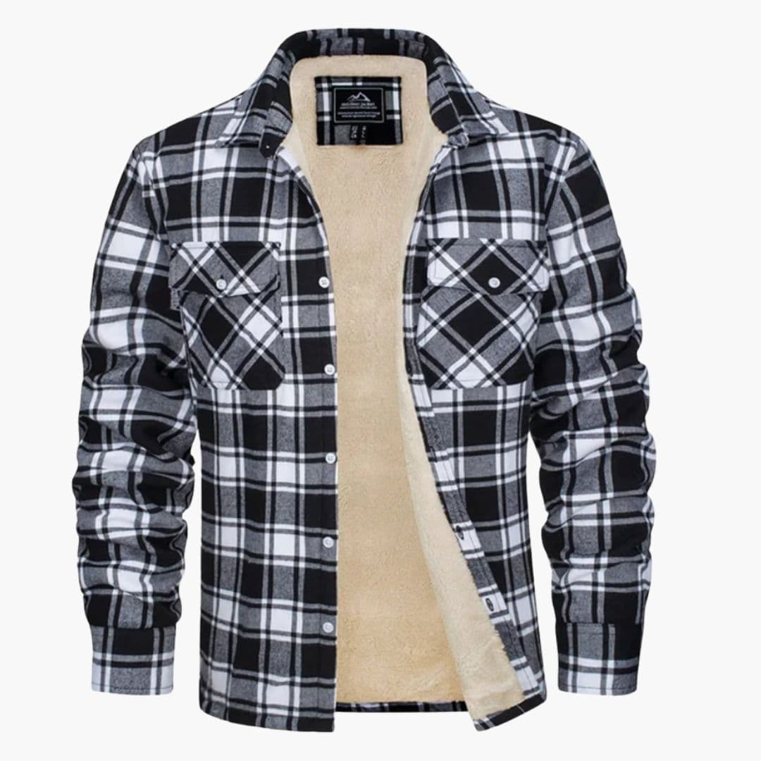 Men's plaid overshirt jacket with fleece lining, snap chest pockets, relaxed fit for urban style
