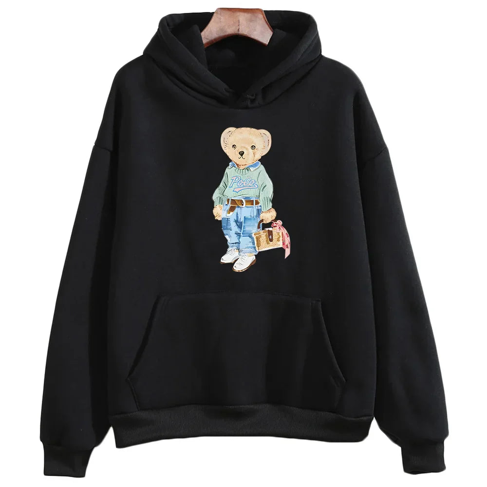 Women's cozy fleece sweatshirt with playful bear pattern, soft relaxed fit for casual winter wear