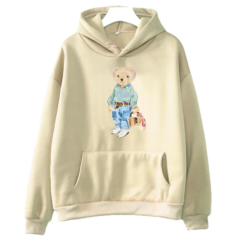 Women's cozy fleece sweatshirt beige bear pattern print relaxed fit soft casual winter pullover