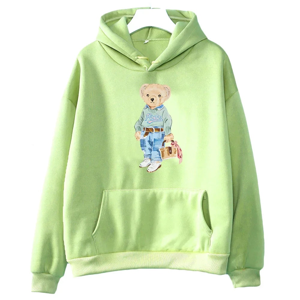 Women's cozy fleece sweatshirt with playful bear pattern print, soft relaxed fit winter pullover