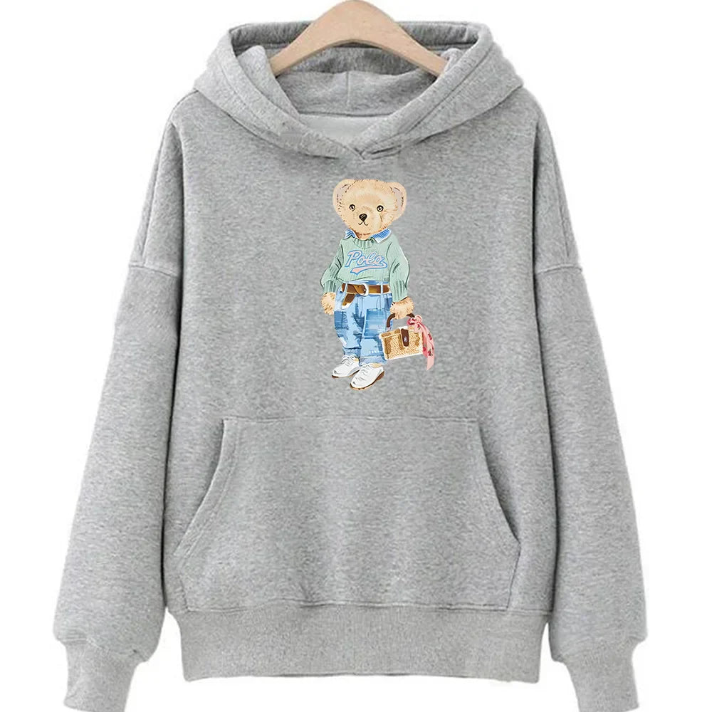 Women's cozy fleece sweatshirt with playful bear pattern, soft relaxed fit for casual winter wear