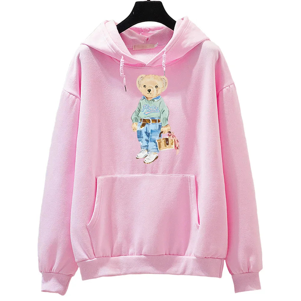Women's cozy fleece sweatshirt with playful bear pattern, soft relaxed fit for casual winter wear