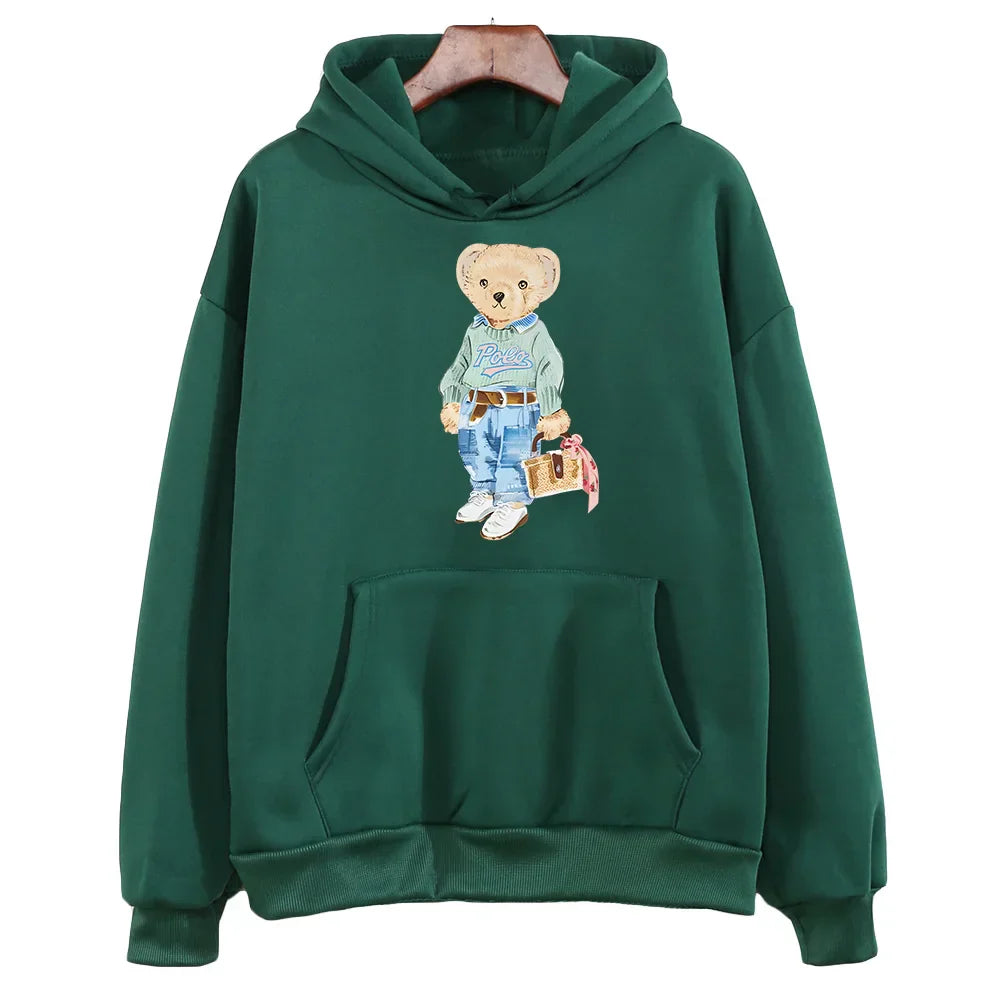 Women's cozy fleece sweatshirt with playful bear pattern, soft oversized fit for casual winter wear