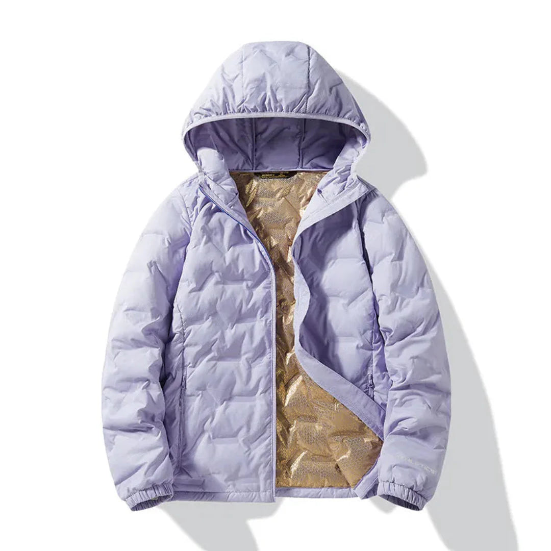 Women's navy blue puffer jacket premium duck down insulation water-resistant shell cold weather