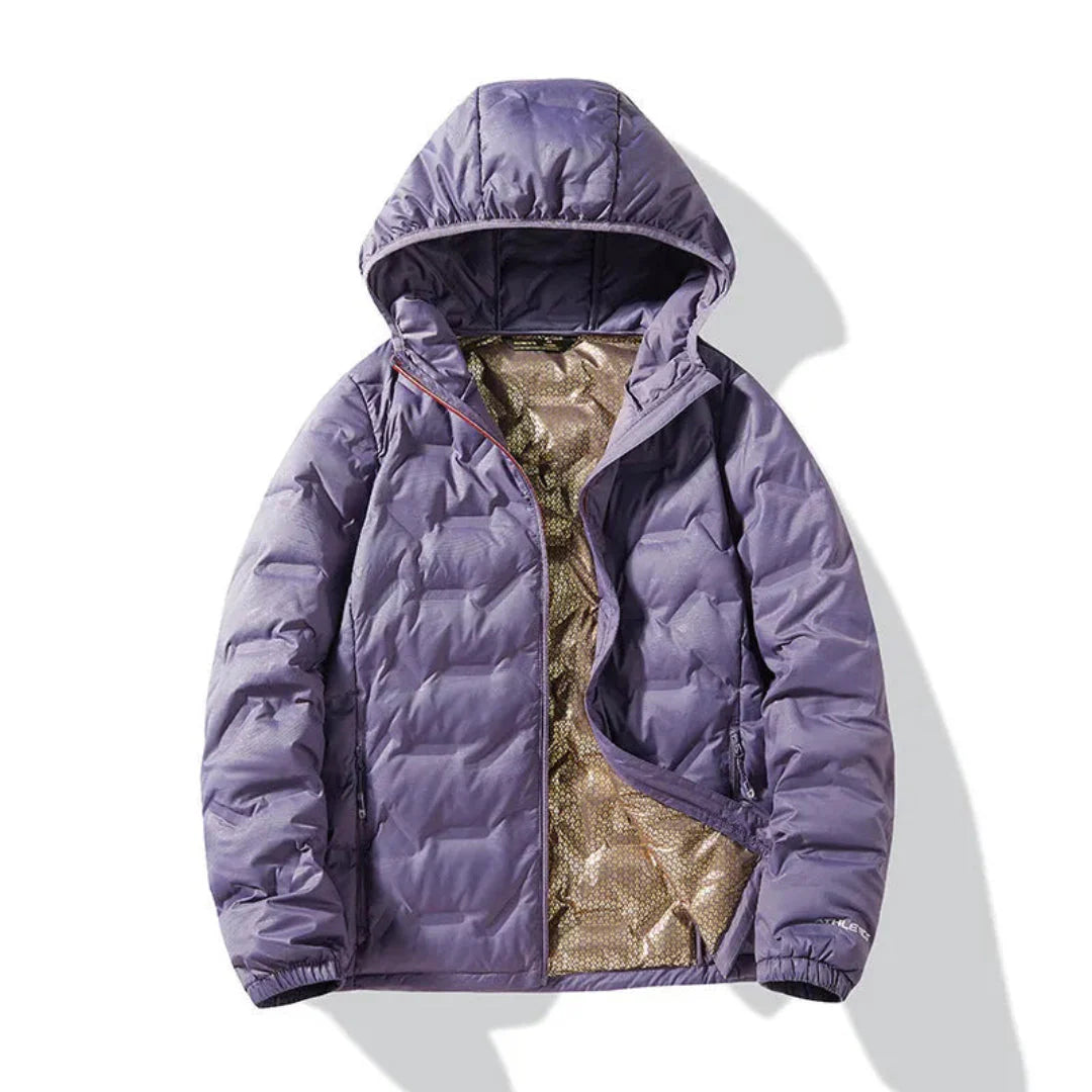 Women's navy blue puffer jacket premium duck down insulation water-resistant quilted shell cold weather