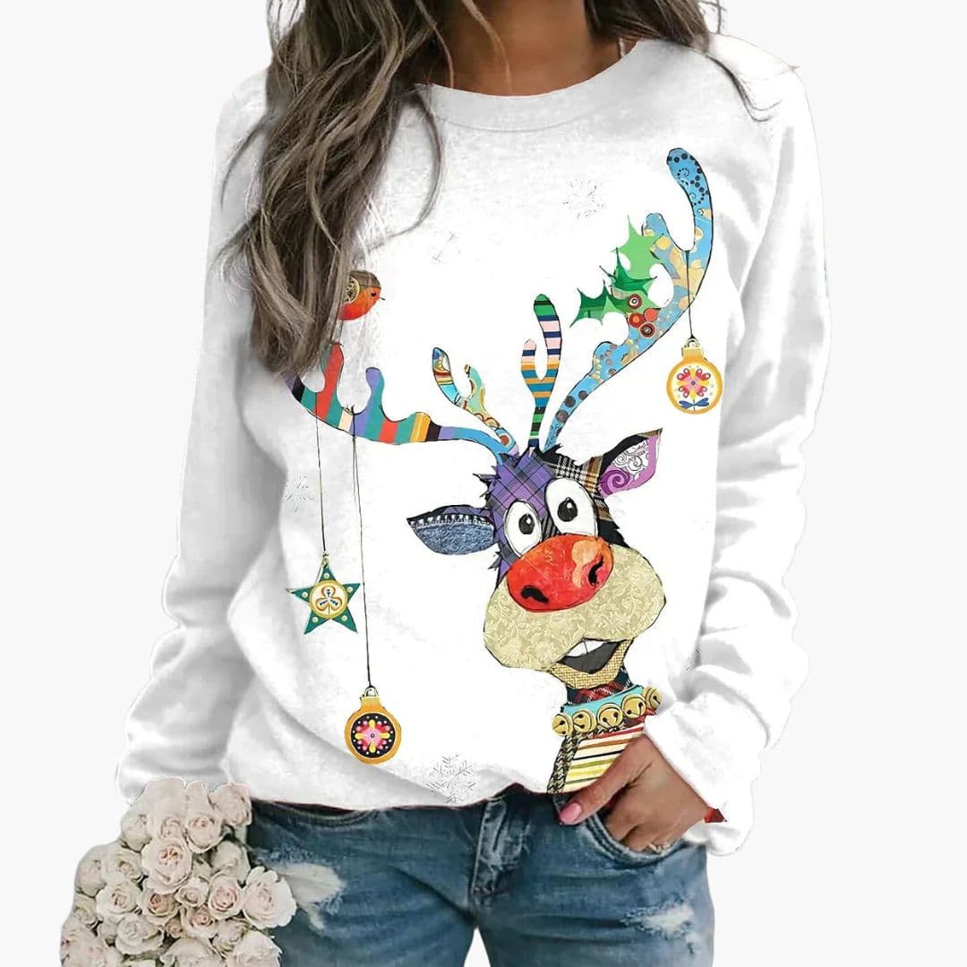 Women's festive print crew neck sweatshirt cozy holiday pullover long sleeves sizes S-3XL