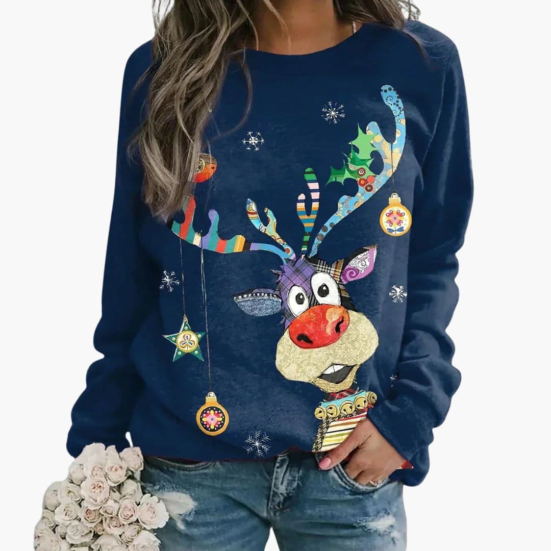 Women's festive print crew neck sweatshirt cozy holiday pullover long sleeves sizes S-3XL