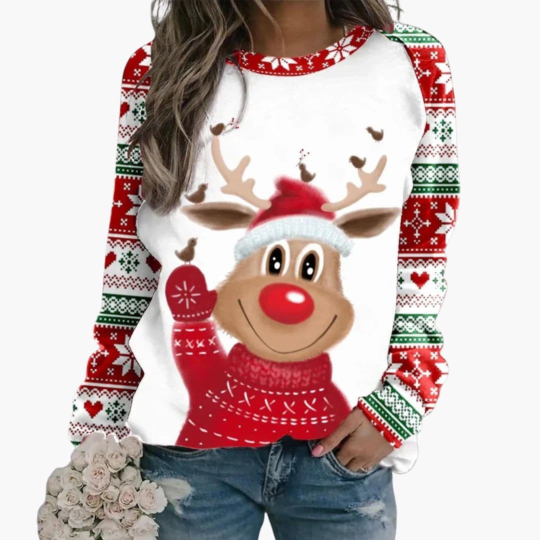 Women's cozy round neck winter sweatshirt with reindeer front print and snowflake-patterned long sleeves