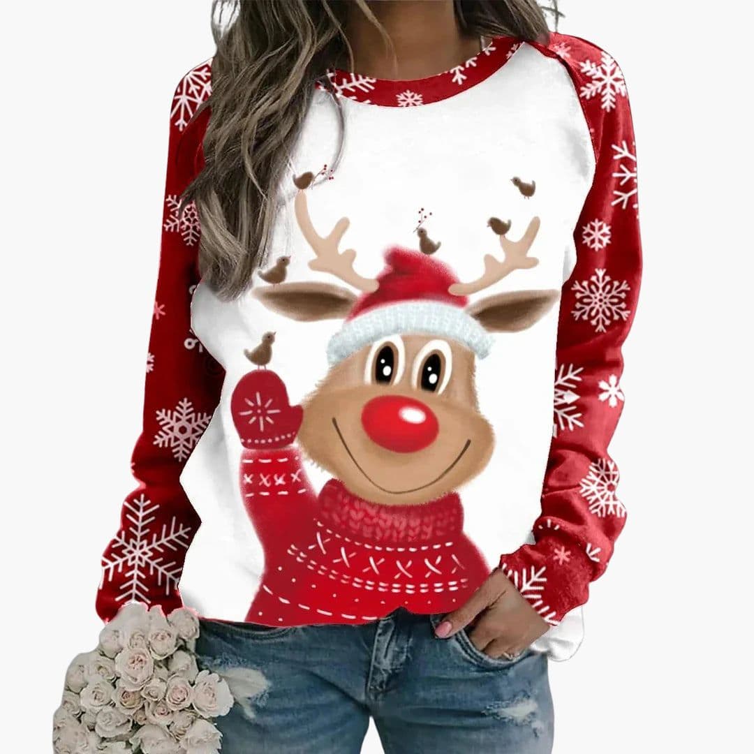 Women's cozy round neck winter sweatshirt with reindeer front print and snowflake-patterned long sleeves