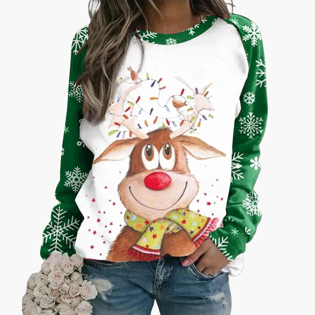 Women's cozy round neck winter sweatshirt with reindeer front print and snowflake-patterned sleeves