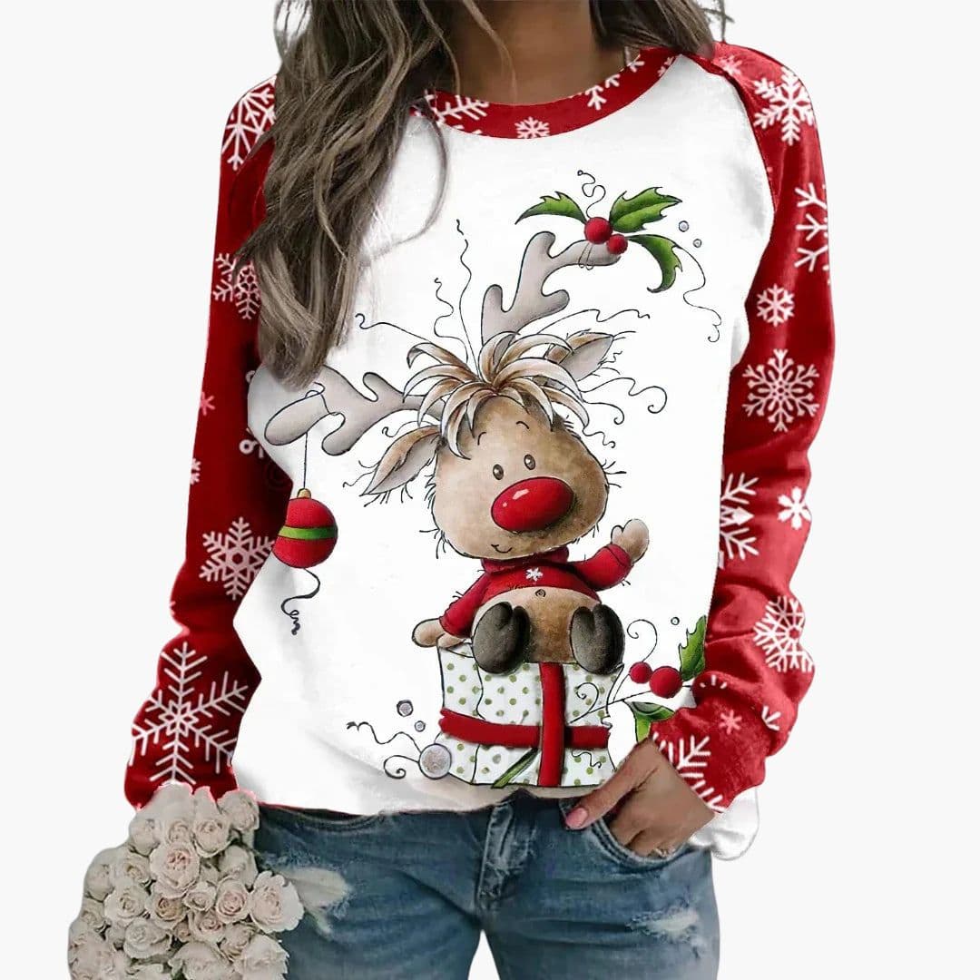 Women's cozy round neck winter sweatshirt with reindeer front print and snowflake-patterned long sleeves