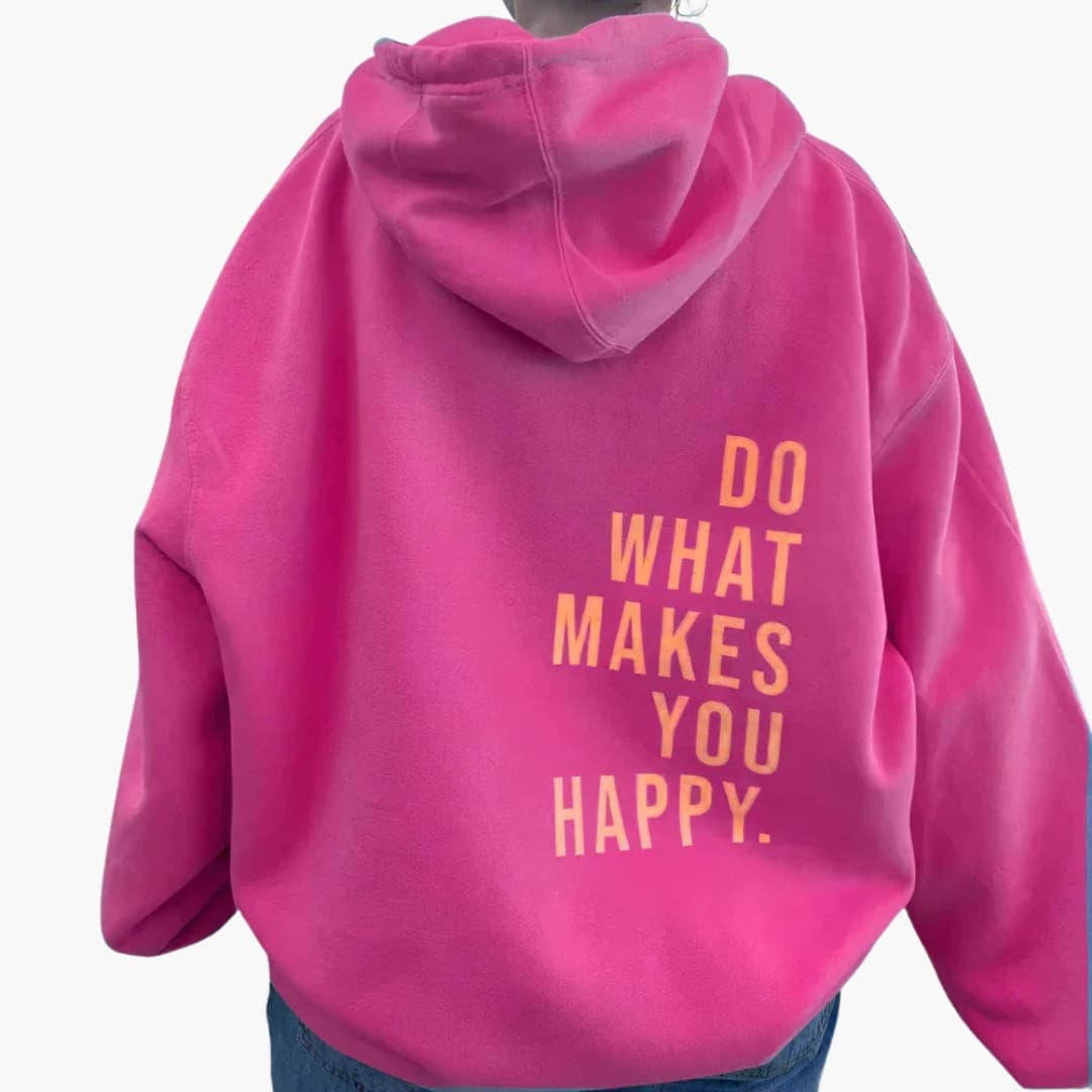 Women's pullover hoodie casual cozy fit ribbed cuffs kangaroo pocket bold large back text print