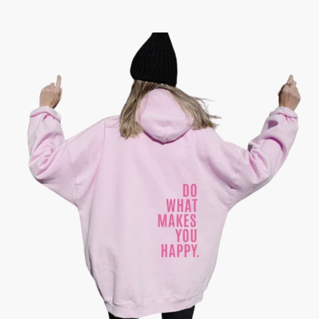 Women's cozy pullover hoodie with bold large back text print, ribbed cuffs, and kangaroo pocket