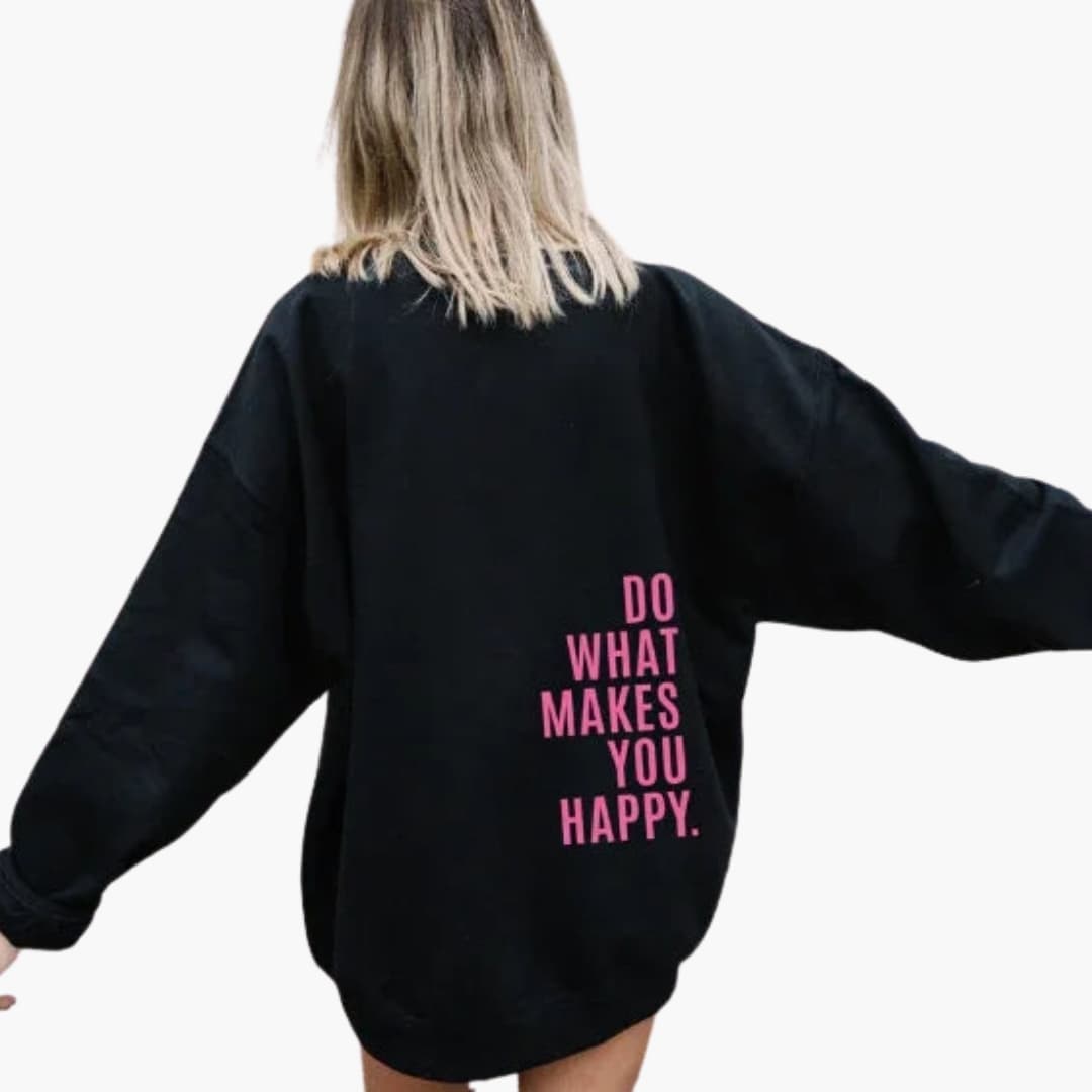 Women's pullover hoodie bold large back text print ribbed cuffs kangaroo pocket casual cozy fit
