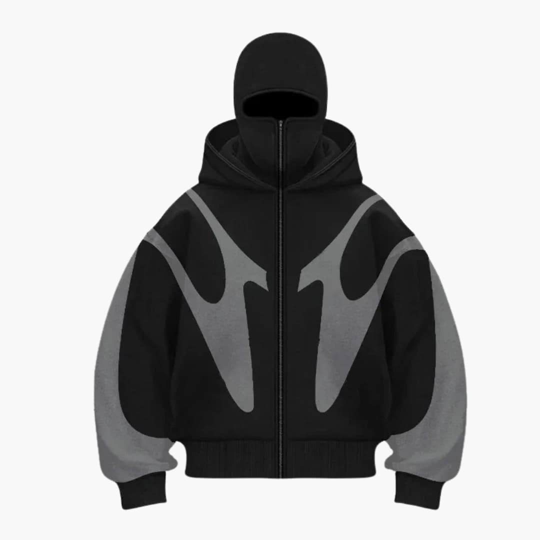 Men's full zip hoodie with bold graphic sleeve prints, ribbed cuffs, and integrated hood in casual style