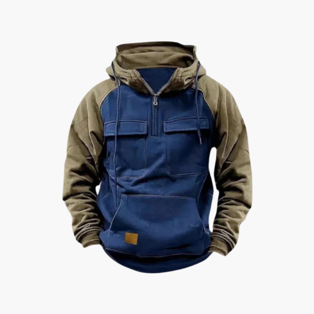 Men's two-tone hoodie half-zip casual layering multiple pockets contrast panels everyday comfort