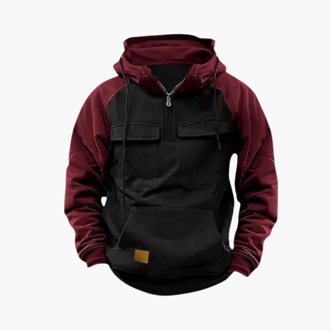 Men's two-tone hoodie with half zip, multiple pockets, casual layering style for everyday comfort