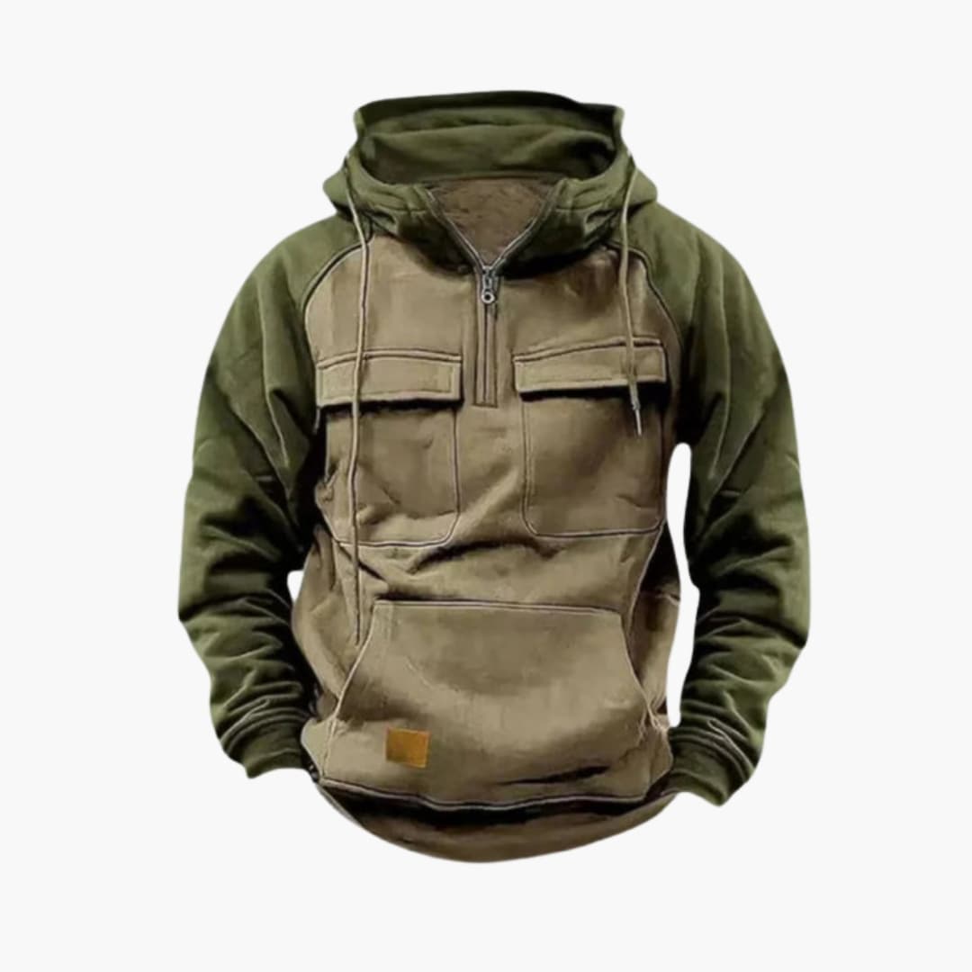 Men's two-tone hoodie with half-zip, multiple pockets, casual layered style for everyday comfort