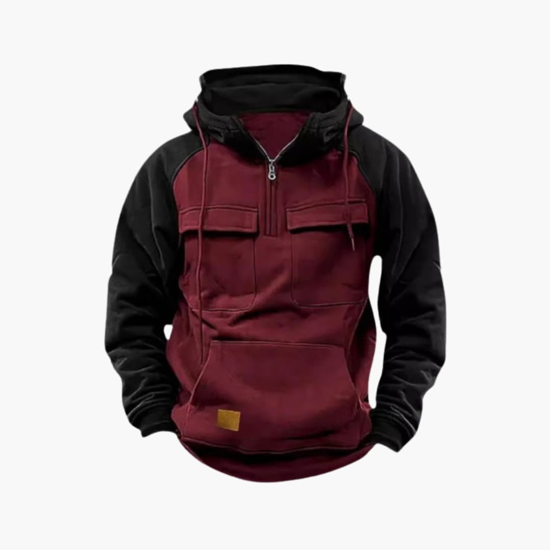 Men's two-tone hoodie with half zip, multiple pockets, casual relaxed fit for everyday layering