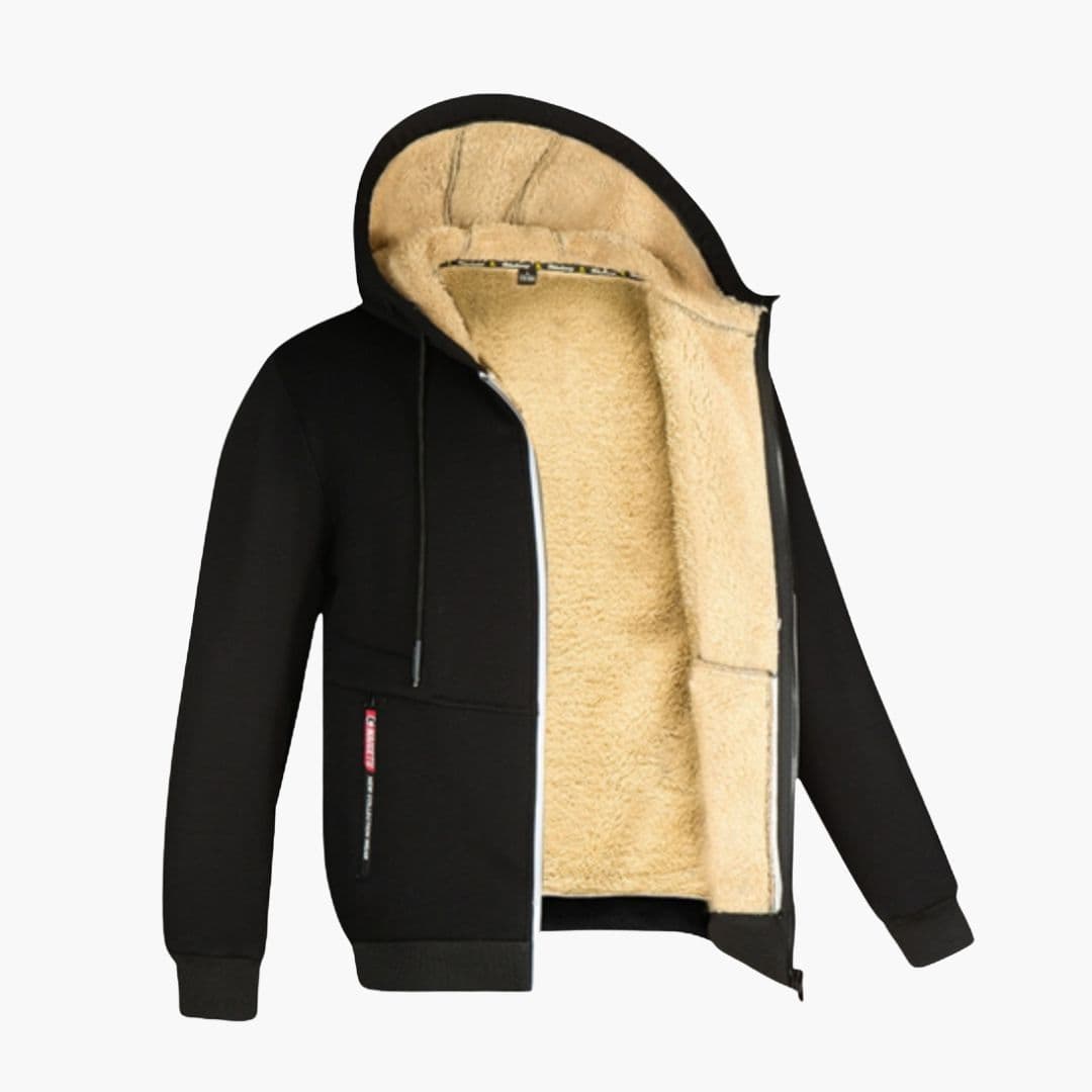 Men's fleece-lined zip-up hoodie with adjustable drawstring hood and front pockets
