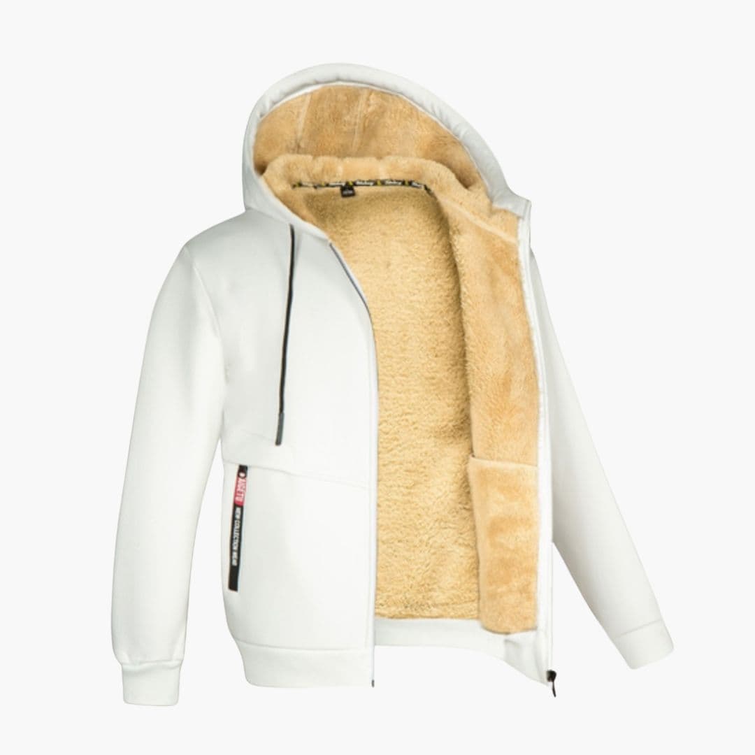 Men's fleece-lined zip-up hoodie with adjustable drawstring hood and front pockets