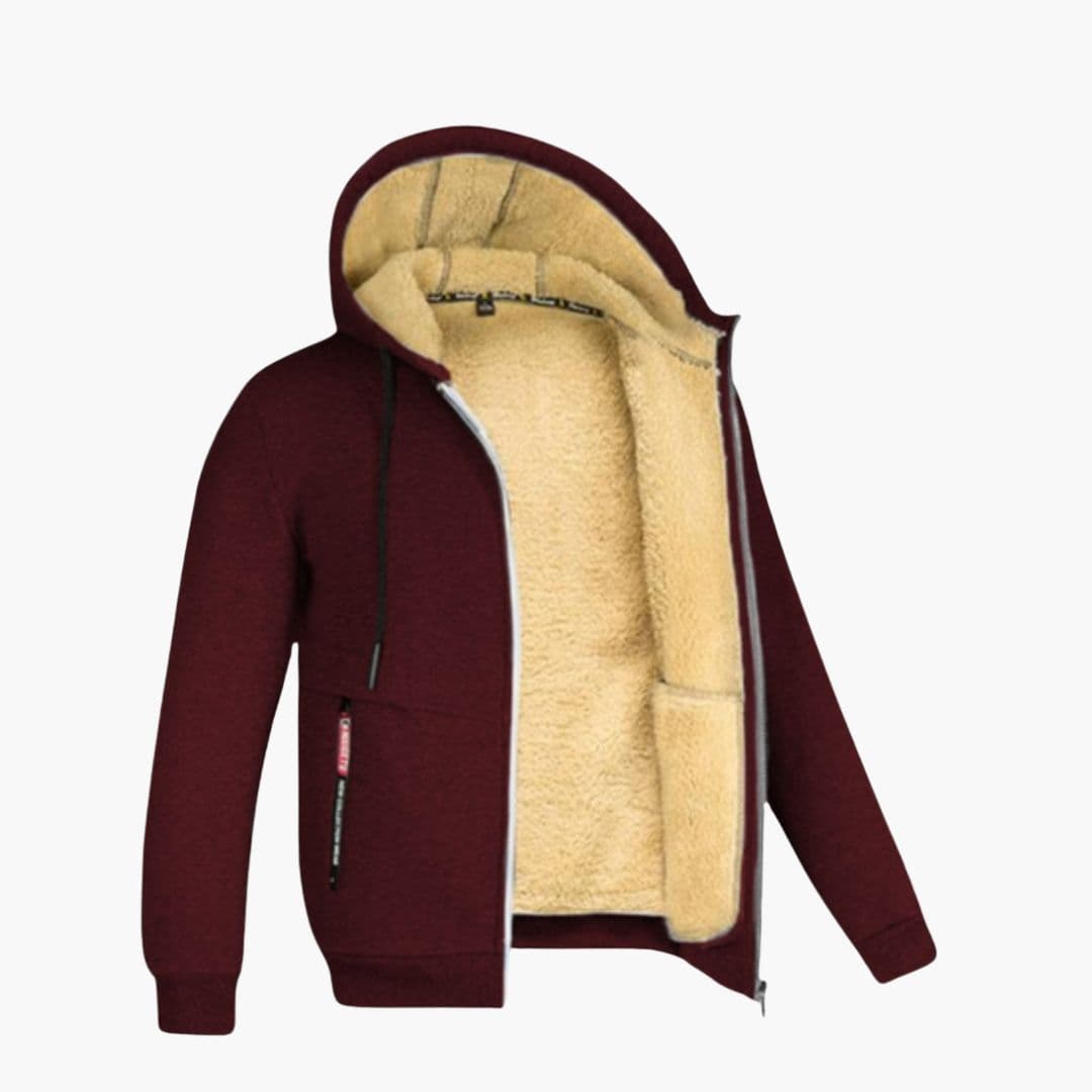 Men's fleece-lined zip-up hoodie with adjustable drawstring hood and front pockets