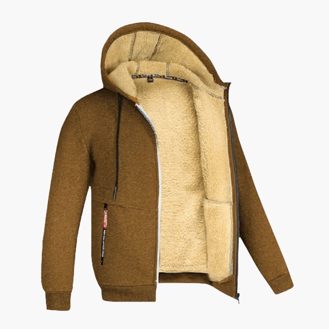 Men's fleece-lined zip-up hoodie with adjustable drawstring hood and front pockets