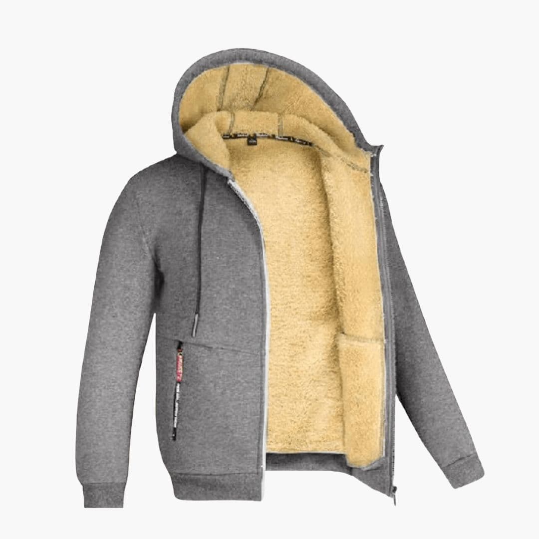 Men's fleece-lined zip-up hoodie with adjustable drawstring hood and front pockets