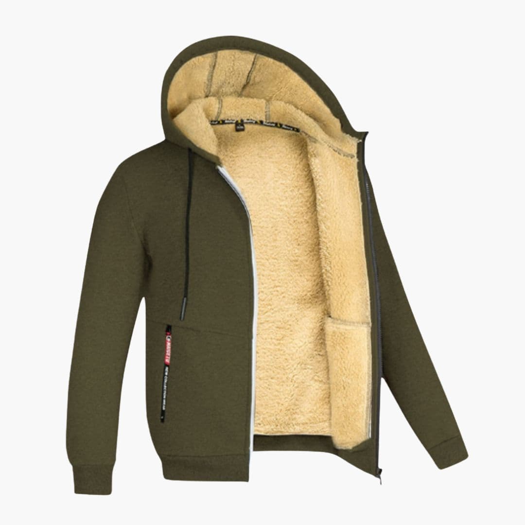 Men's fleece-lined zip-up hoodie with adjustable drawstring hood and front pockets