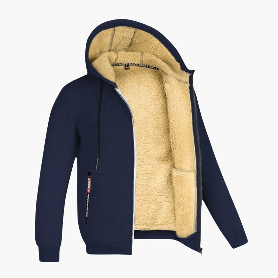 Men's fleece-lined zip-up hoodie with adjustable drawstring hood and front pockets