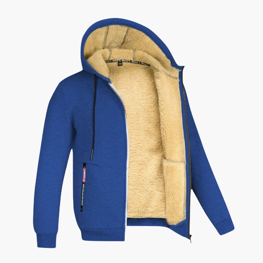 Men's fleece-lined zip-up hoodie with adjustable drawstring hood and front pockets