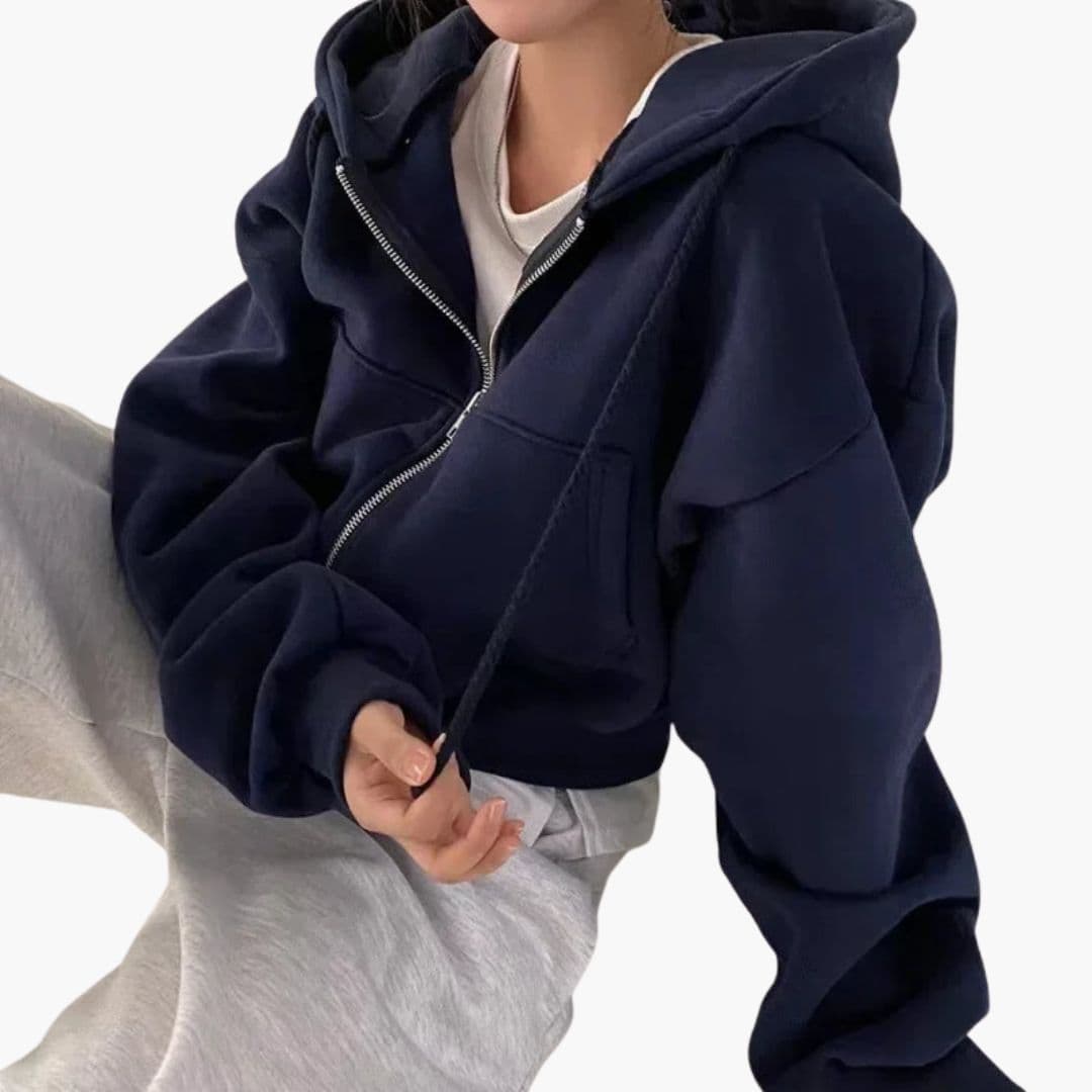 Women's short zip-up hoodie sweatshirt with large drawstring hood and cozy front pockets