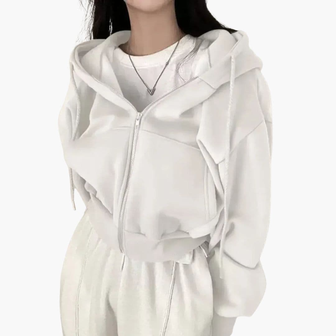 Women's short zip-up hoodie sweatshirt with cozy front pockets and oversized drawstring hood