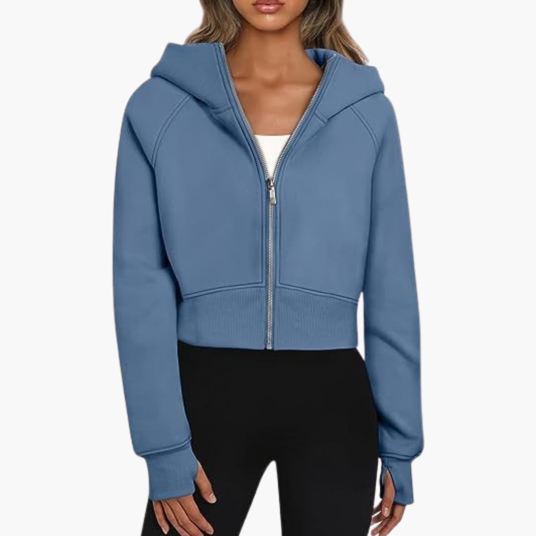 Women's short fitted zip hoodie with ribbed hem and integrated hood for active style