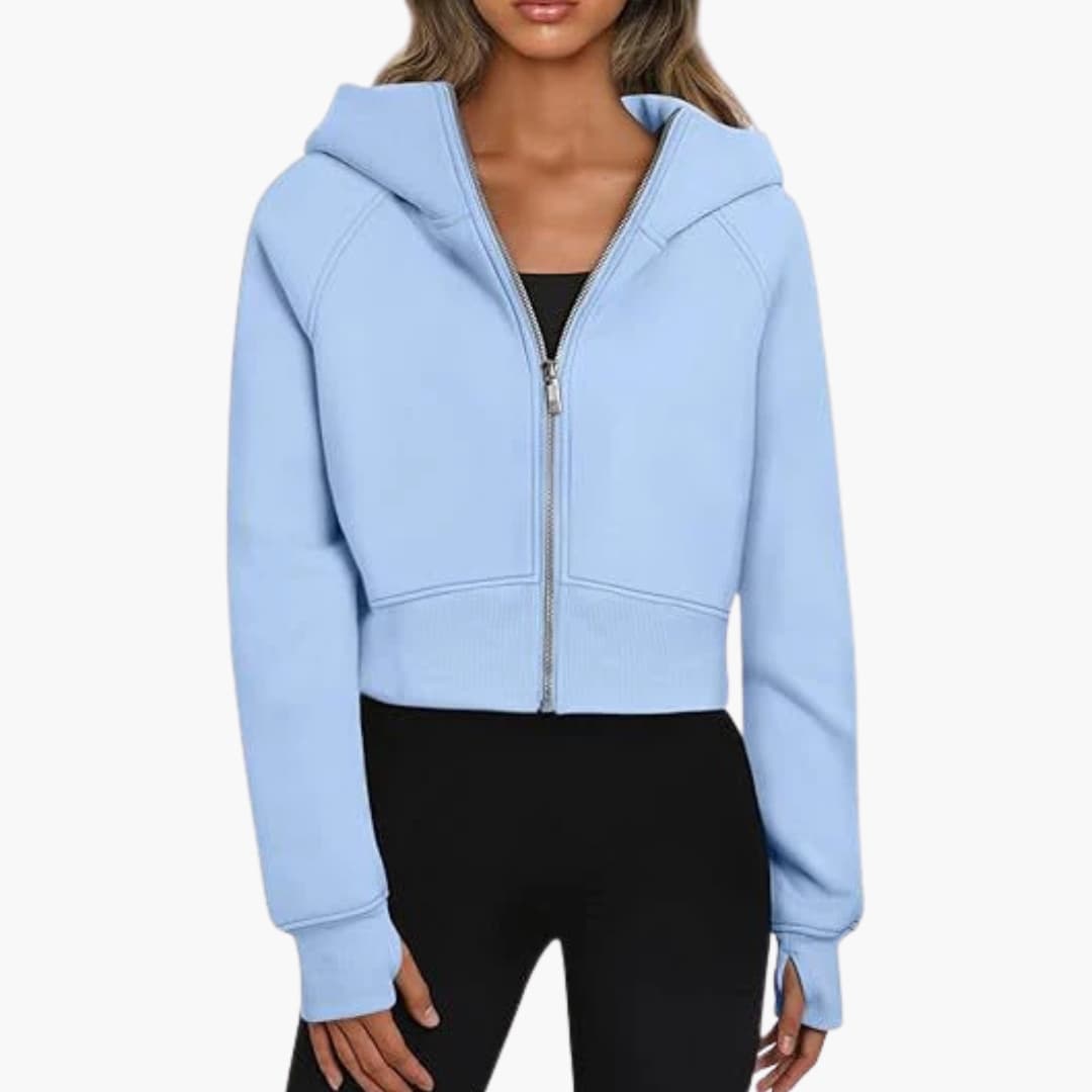 Women's fitted short zip hoodie ribbed hem integrated hood sleek active style