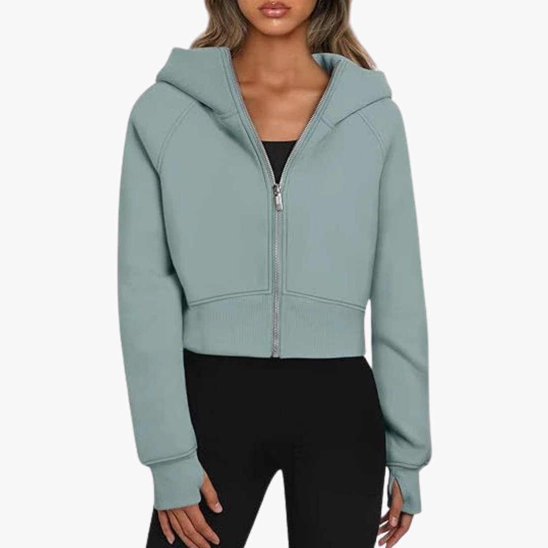Women's short fitted zip hoodie with ribbed hem and integrated hood for active style