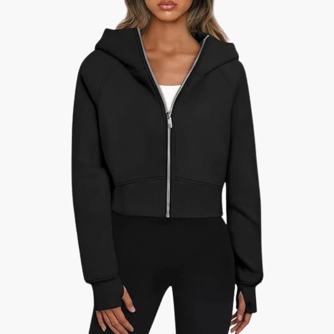 Women's short fitted zip hoodie with ribbed hem and integrated hood for active style