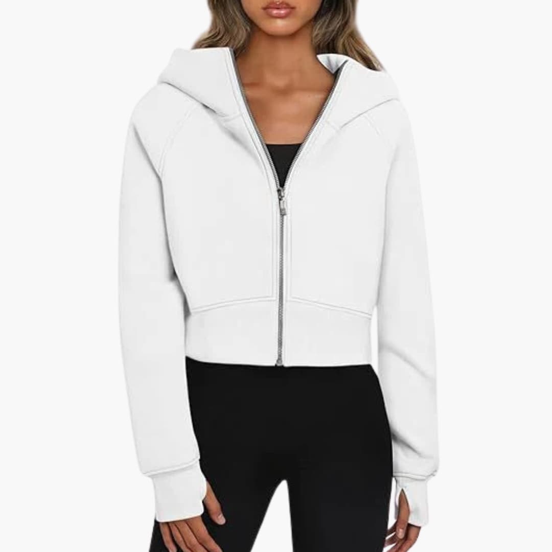 Women's fitted short zip hoodie with ribbed hem and integrated hood for active style