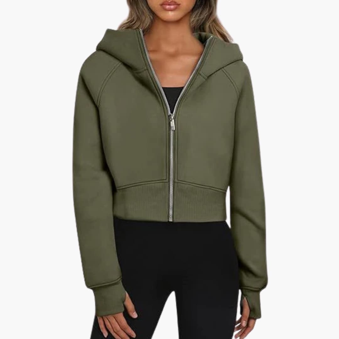 Women's short fitted zip hoodie with ribbed hem and integrated hood for active style