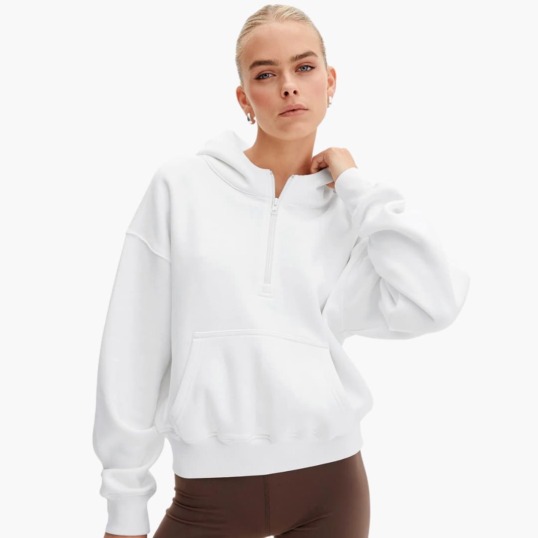Women's relaxed-fit half-zip hoodie textured knit with front pocket casual everyday style
