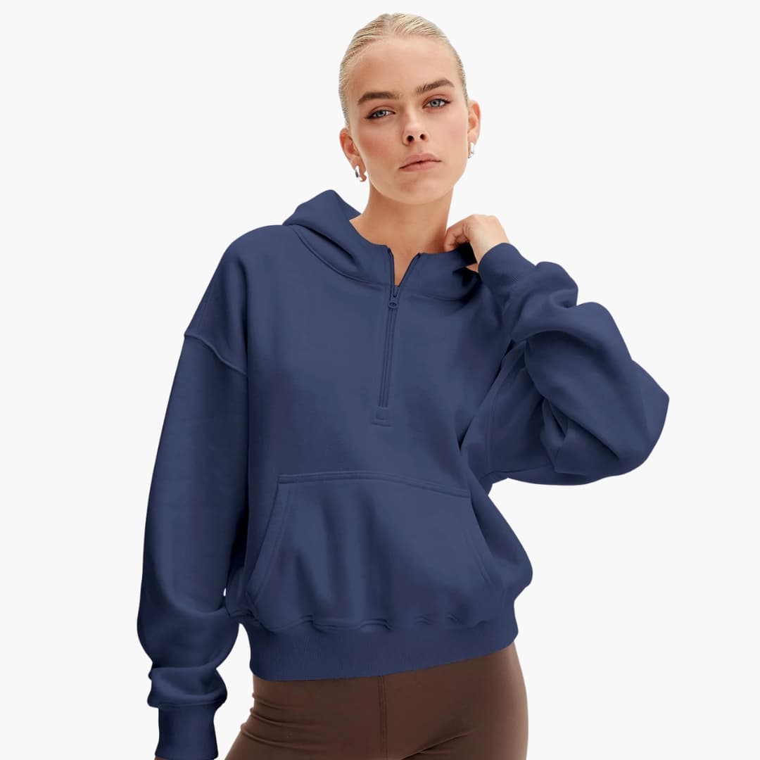 Women's relaxed-fit half-zip hoodie in textured knit with front pocket for casual everyday wear