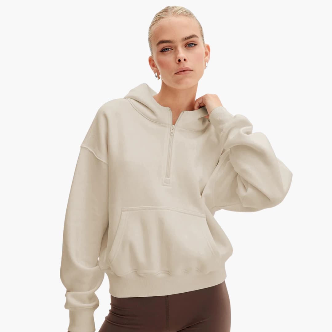 Women's relaxed-fit half-zip hoodie textured knit with front pocket casual everyday style